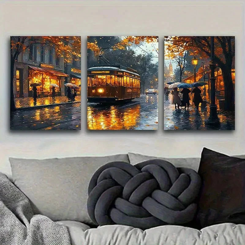 3pcs Vintage Rainy City Street Wall Art Set Canvas Framed 60x90cm - High Quality Print 100% Australian Made Wall Canvas Ready to Hang - Bella Home Decor