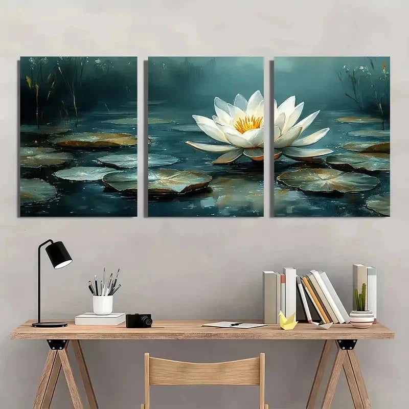 3pcs White Lotus Flower Elegant Perfect Wall Art Set Canvas Framed 50x70cm - High Quality Print 100% Australian Made Wall Canvas Ready to Hang - Bella Home Decor