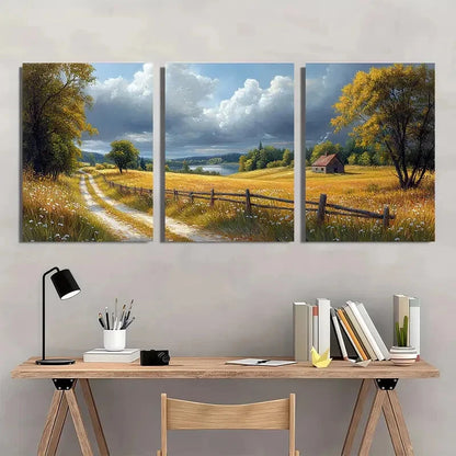 3pcs Serene Pathways Daisies and Tranquil Houses Metal Print Ready to Hang Art - Bella Home Decor