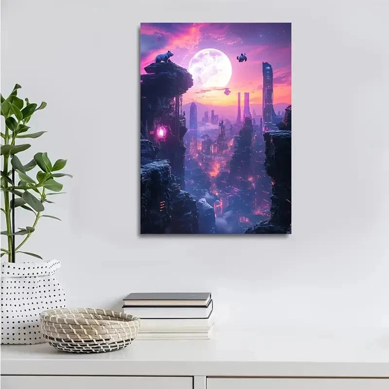 Vibrant Sunset Sky with Glowing Moon Painting 40x60cm Metal Print Ready to Hang - Bella Home Decor