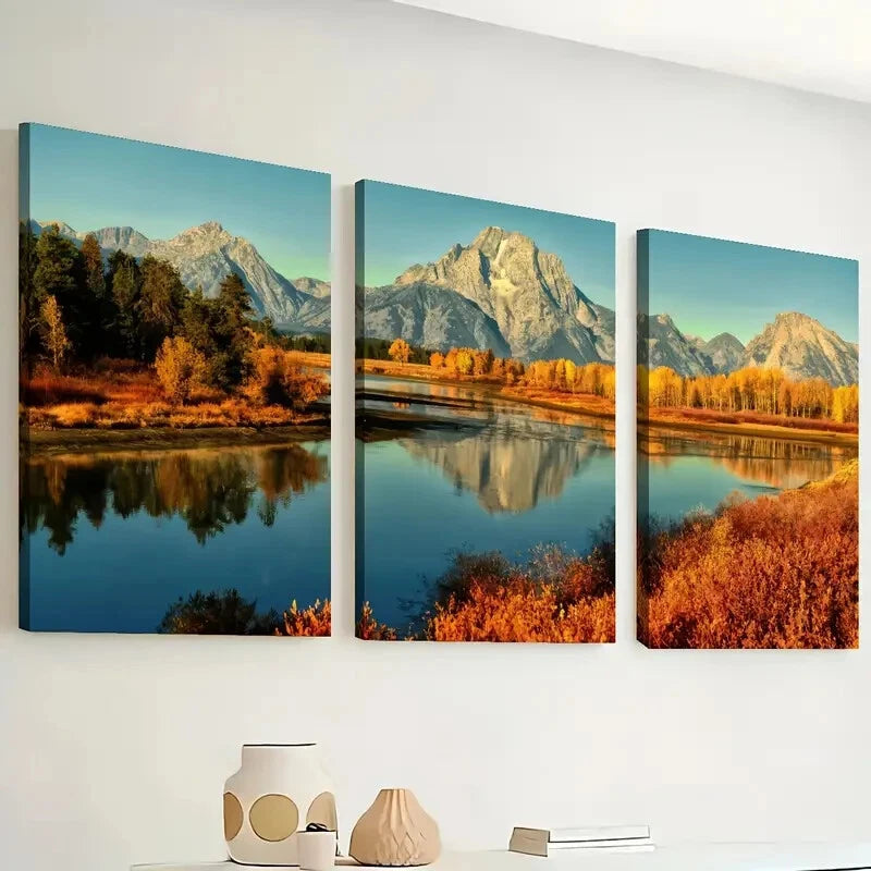 3pcs Mountain Lake Land Autumn Nature Perfect Wall Art Set Canvas Framed 40x60cm - High Quality Print 100% Australian Made Wall Canvas Ready to Hang - Bella Home Decor