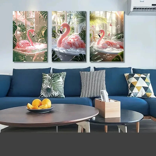 3pcs Fluffy Pink Flamingo in Bathtub Wall Art Set Canvas Framed 60x90cm - High Quality Print 100% Australian Made Wall Canvas Ready to Hang