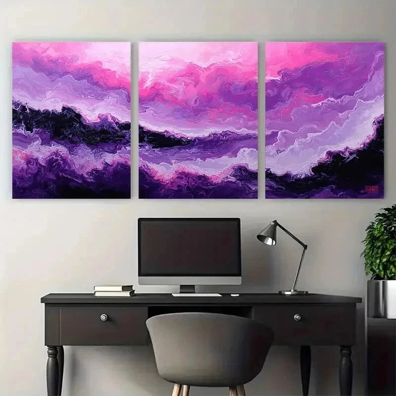 3pcs Abstract Purple Oil Painting Perfect Wall Art Set Canvas Framed 50x70cm - High Quality Print 100% Australian Made Wall Canvas Ready to Hang - Bella Home Decor