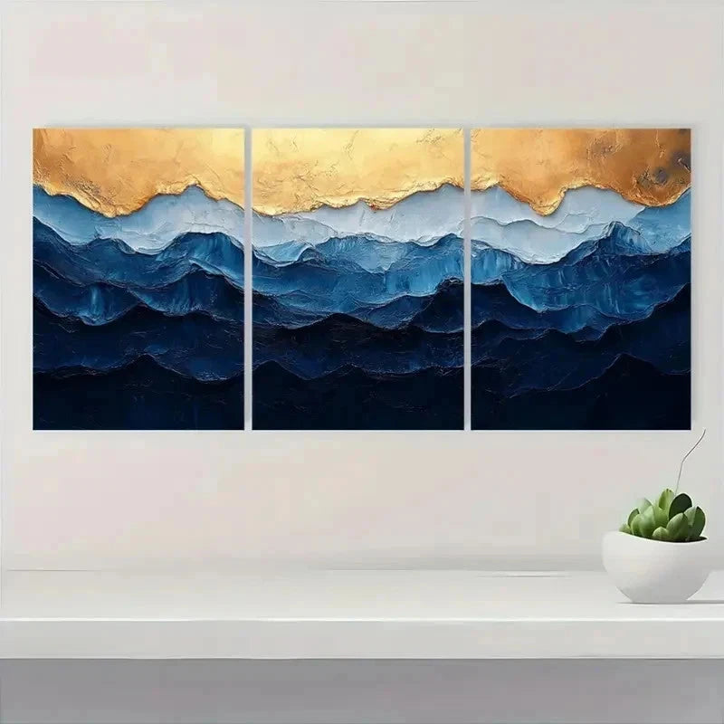 3pcs Blue and White Golden Texture Painting EO   Wall Art Set Canvas Framed 60x90cm - High Quality Print 100% Australian Made Wall Canvas Ready to Hang - Bella Home Decor