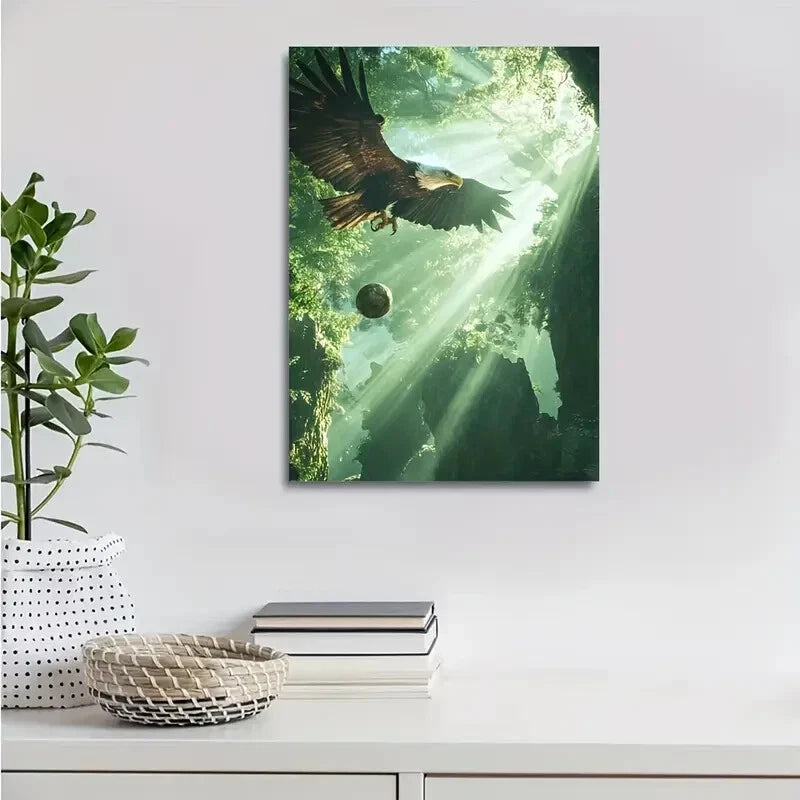 Majestic Eagle in Flight with Glowing Ball Painting 40x60cm Metal Print Ready to Hang - Bella Home Decor
