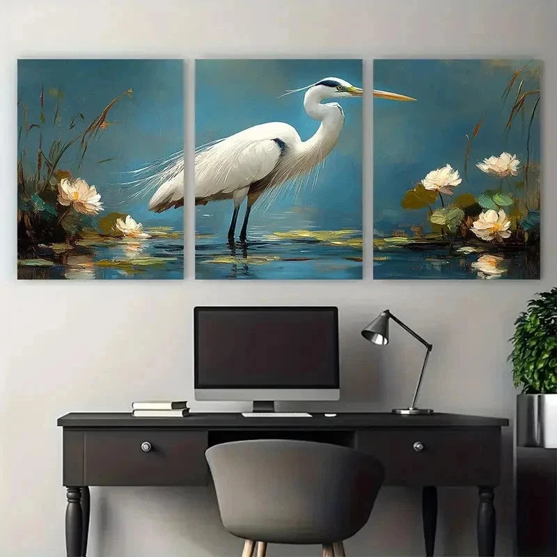 3pcs White Heron Egret Impasto Perfect Wall Art Set Canvas Framed 60x90cm - High Quality Print 100% Australian Made Wall Canvas Ready to Hang