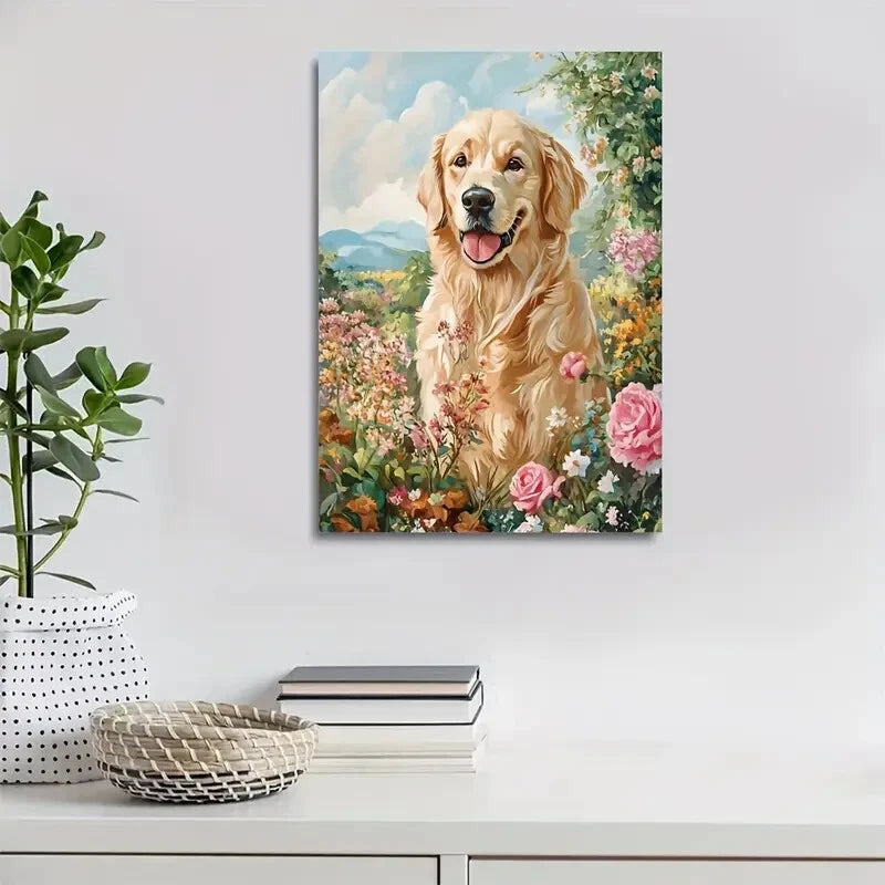 Golden Retriever Dog with Flowers and Plants Painting 40x60cm Metal Print Ready to Hang - Bella Home Decor