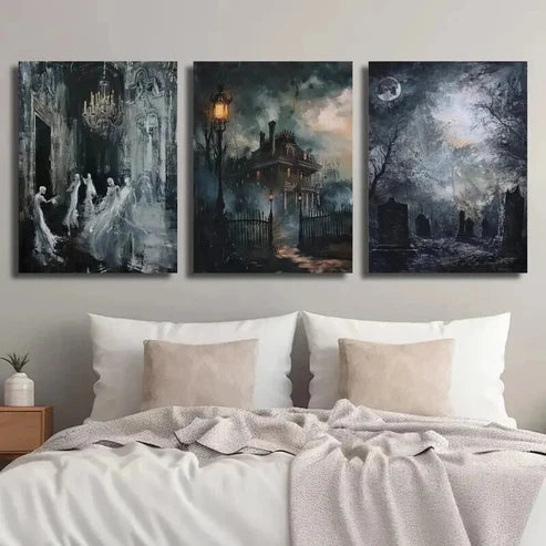 3pcs Retro Haunted Halloween Mansion Wall Art Set Canvas Unframed - High Quality Print 100% Australian Made Wall Canvas