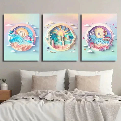 3pcs Colorful Beach Landscape Decor  Wall Art Set Canvas Unframed - High Quality Print 100% Australian Made Wall Canvas - Bella Home Decor