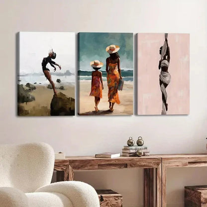 3pcs Fashion Artistic Vibrant Beach Scene Ladies Wall Art Set Canvas Unframed - High Quality Print 100% Australian Made Wall Canvas