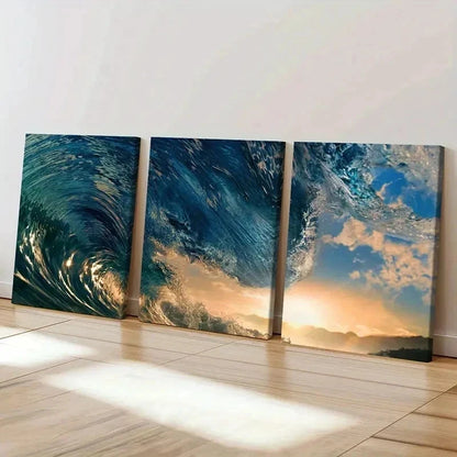 3pcs Wave Art Sea Natural Landscape Wall Art Set Canvas Framed 50x70cm - High Quality Print 100% Australian Made Wall Canvas Ready to Hang