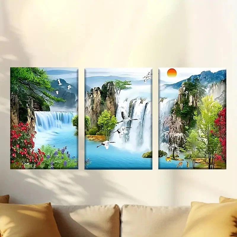 3pcs a waterfall with birds flying over it Wall Art Set Canvas Framed 50x70cm - High Quality Print 100% Australian Made Wall Canvas Ready to Hang - Bella Home Decor