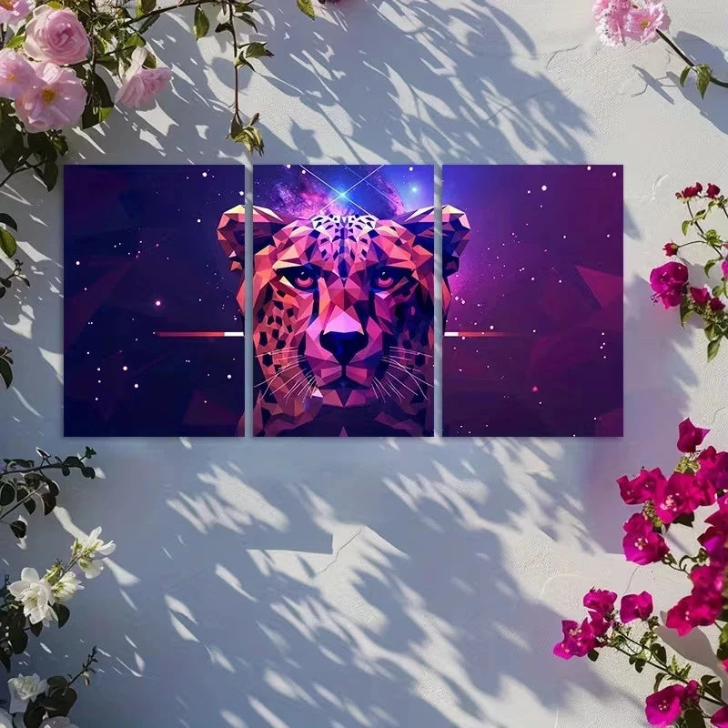 3pcs Geometric Leopard Head in Purple Space Metal Print Ready to Hang Art - Bella Home Decor