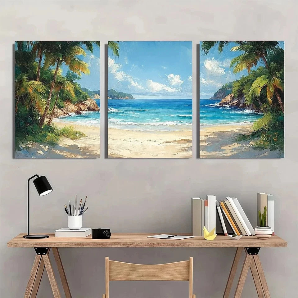 3pcs Tropical Sandy Beach View Greenery Scene Wall Art Set Canvas Framed 50x70cm - High Quality Print 100% Australian Made Wall Canvas Ready to Hang - Bella Home Decor