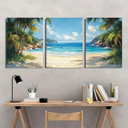 3pcs Tropical Sandy Beach View Greenery Scene Wall Art Set Canvas Framed 50x70cm - High Quality Print 100% Australian Made Wall Canvas Ready to Hang - Bella Home Decor