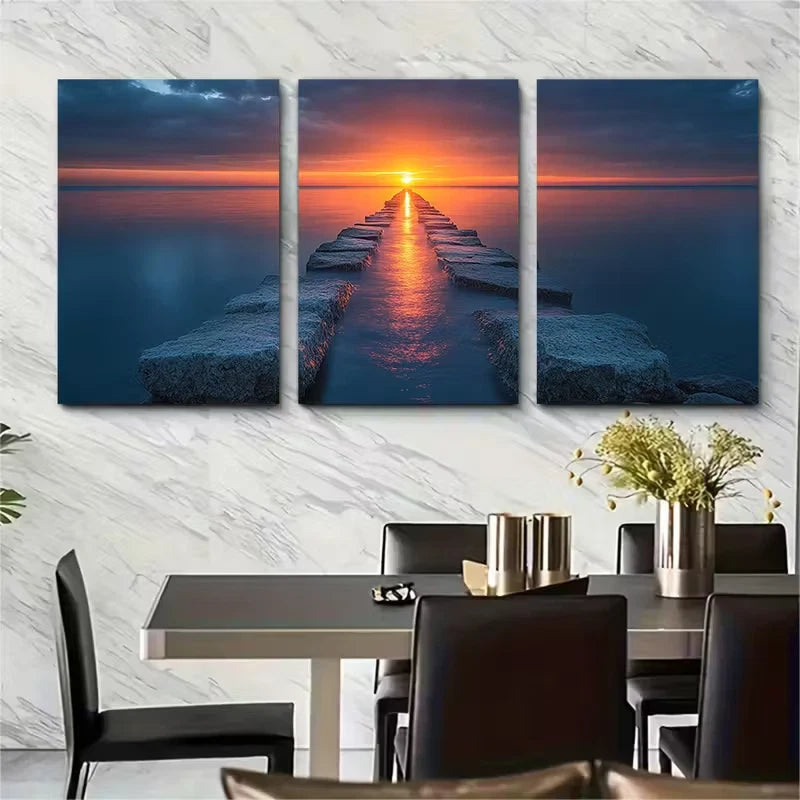 3pcs Serene Coastal Jetty Sunset Metal Print Ready to Hang Art