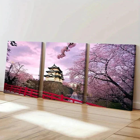 3pcs Hirosaki Castle Cherry Blossoms Wall Art Set Canvas Unframed - High Quality Print 100% Australian Made Wall Canvas
