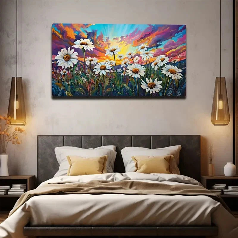 Vibrant Daisy Flower Field Wall Art canvas office home room framed 120x60cm - Bella Home Decor