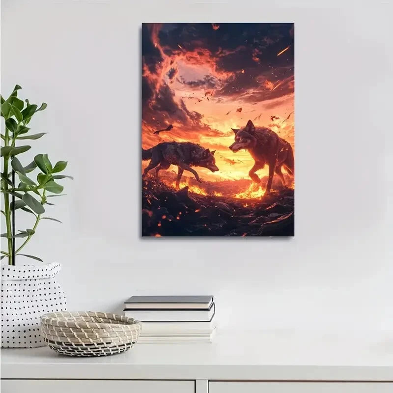 Steampunk Wolf Scene With Glowing Sunset 40x60cm Metal Print Ready to Hang - Bella Home Decor