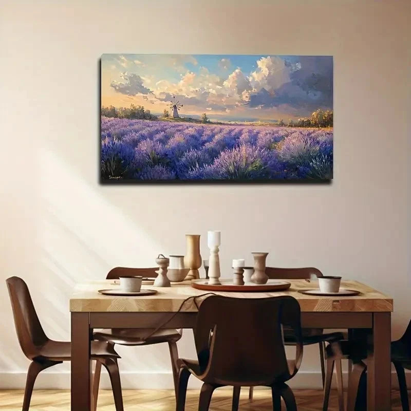 Serene Lavender Field Wind Wall Art Canvas Office Home Room Framed 120x60cm