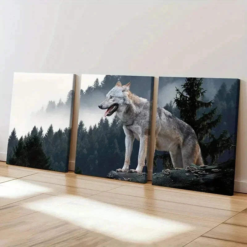 3pcs Wolf on a Rock Top in a Forest Wall Art Set Canvas Framed 50x70cm - High Quality Print 100% Australian Made Wall Canvas Ready to Hang - Bella Home Decor
