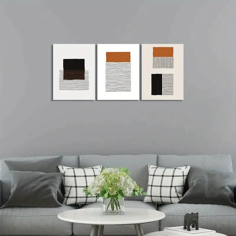 3pcs Geometric Patterns Brown & Beige Tones Metal Print Ready to Hang Art - Bella Home Decor