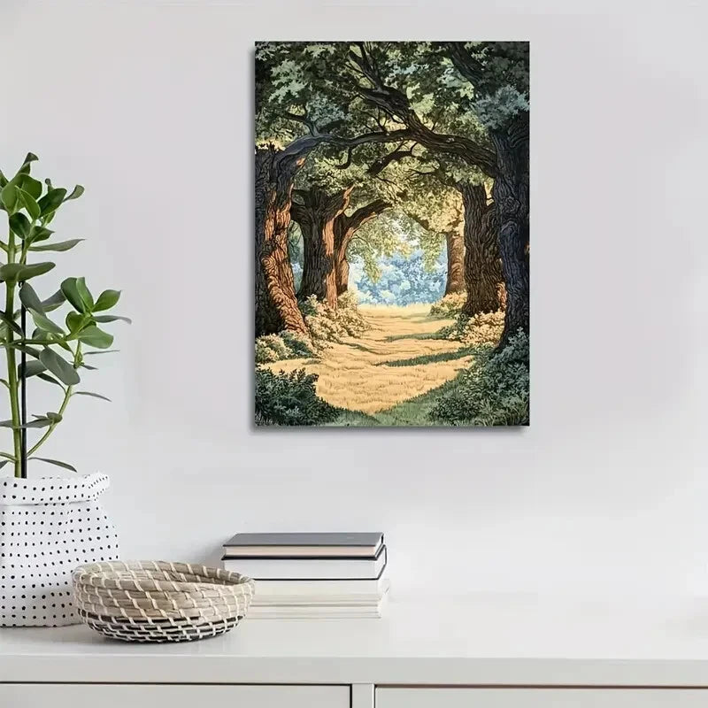 Flourishing Oak Forest Scene with Sunlit Painting 40x60cm Metal Print Ready to Hang - Bella Home Decor