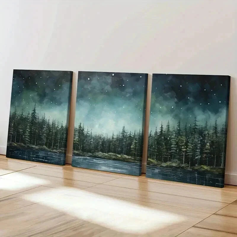 3pcs Starry Night Forest Mystical Landscape Wall Art Set Canvas Framed 50x70cm - High Quality Print 100% Australian Made Wall Canvas Ready to Hang - Bella Home Decor