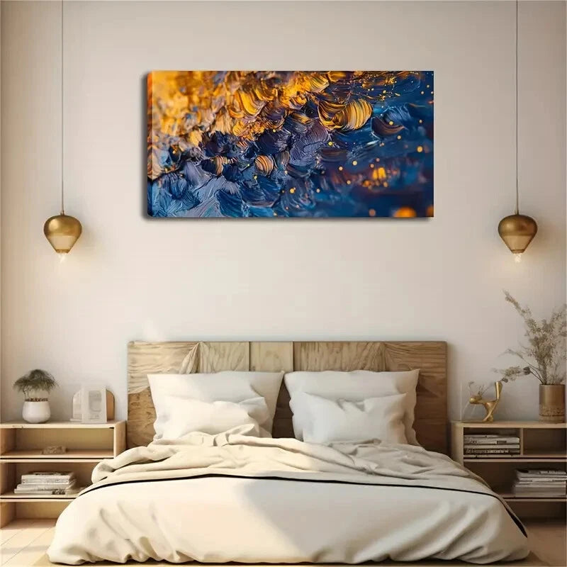 Thick Brushstrokes Blue Golden Wall Art Canvas Office Home Room Framed 120x60cm - Bella Home Decor