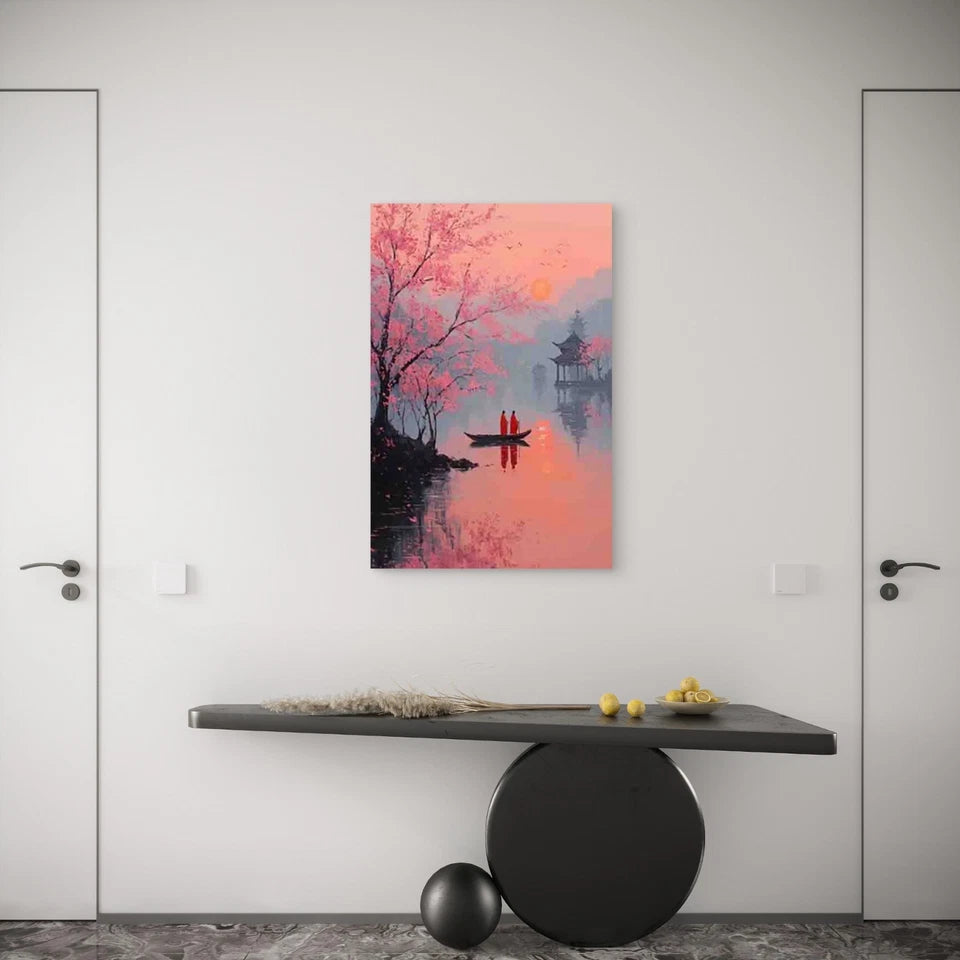 Japanese-Inspired Serene Sunset on Lake Metal Print Ready to Hang