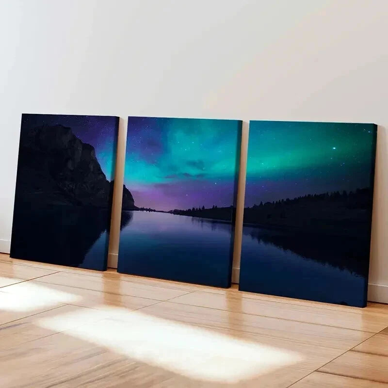 3pcs Vibrant Northern Lights & Serene Landscapes Wall Art Set Canvas Framed 40x60cm - High Quality Print 100% Australian Made Wall Canvas Ready to Hang - Bella Home Decor