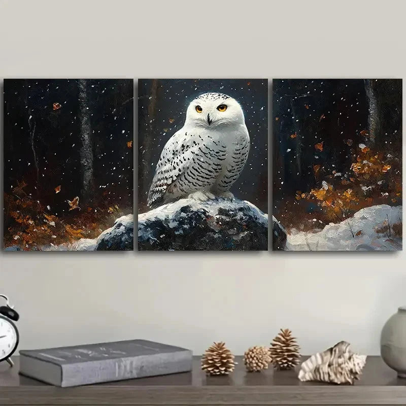 3pcs Snowy Owl in Forest Wall Art Set Canvas Framed 60x90cm - High Quality Print 100% Australian Made Wall Canvas Ready to Hang