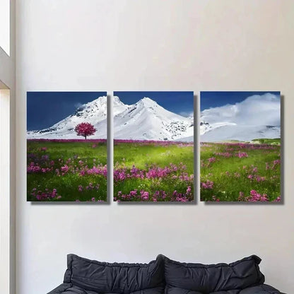 3pcs Snow Capped Mountain & Wildflowers Wall Art Set Canvas Unframed - High Quality Print 100% Australian Made Wall Canvas