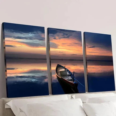 3pcs Boat on Middle of The Sea at Sunset  Wall Art Set Canvas Unframed - High Quality Print 100% Australian Made Wall Canvas - Bella Home Decor