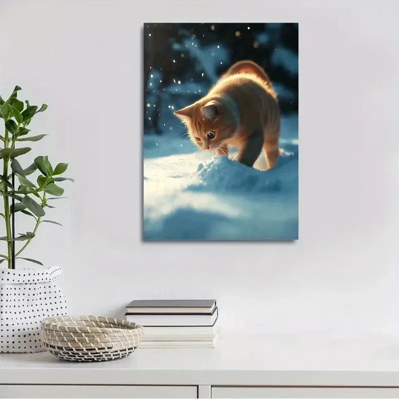 Beautiful Magical Cat On The Snow Painting 40x60cm Metal Print Ready to Hang - Bella Home Decor