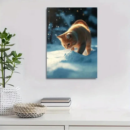 Beautiful Magical Cat On The Snow Painting 40x60cm Metal Print Ready to Hang - Bella Home Decor