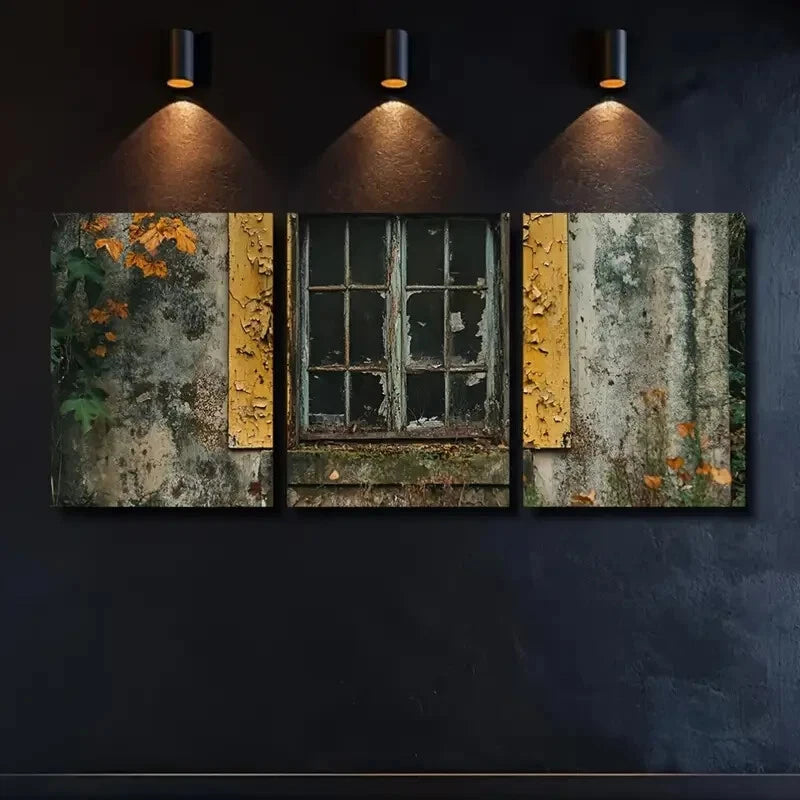 3pcs Vintage Window & Autumn Leaves Wall Art Set Canvas Framed 50x70cm - High Quality Print 100% Australian Made Wall Canvas Ready to Hang