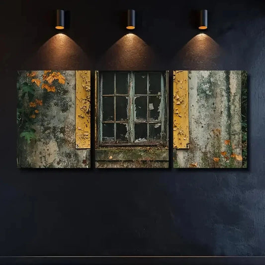 3pcs Vintage Window & Autumn Leaves Wall Art Set Canvas Framed 50x70cm - High Quality Print 100% Australian Made Wall Canvas Ready to Hang