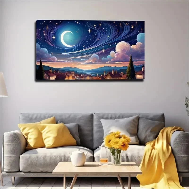 Romantic Starry Night Sky White Wall Art Canvas Office Home Room Framed 120x60cm