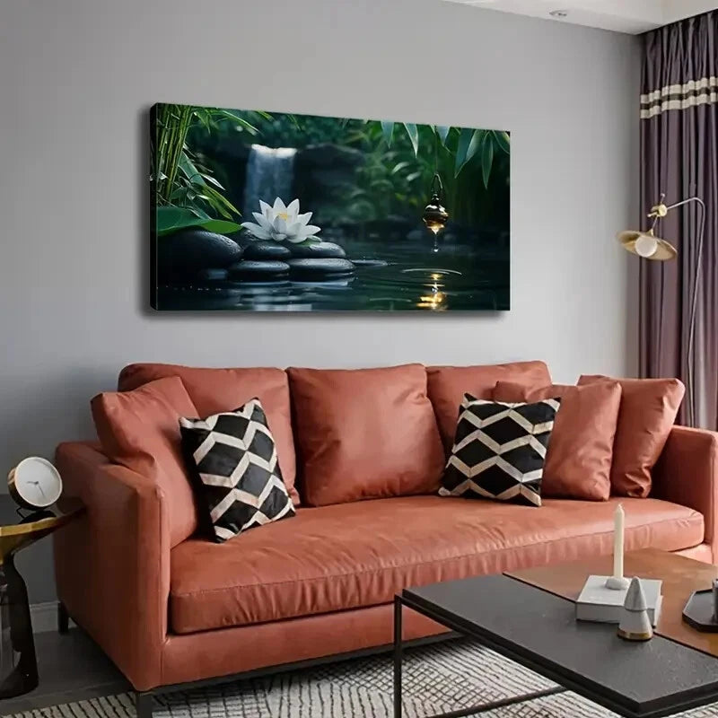 White Lotus Flower Black Pebble Wall Art Canvas Office Home Room Framed 120x60cm - Bella Home Decor
