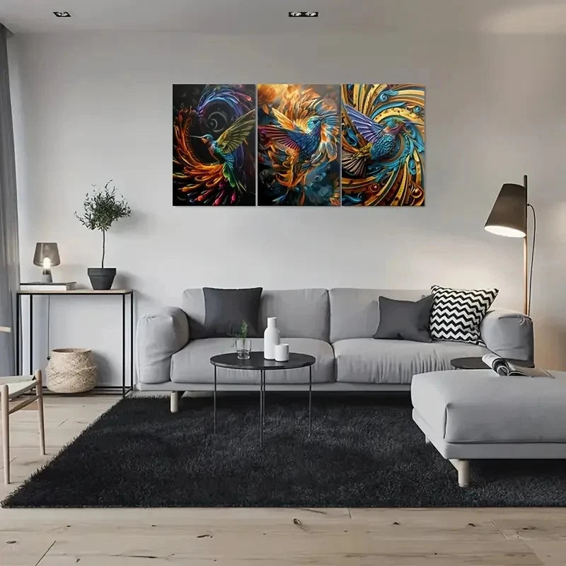 3pcs Colorful Hummingbird Abstract Metal Print Ready to Hang Art - Bella Home Decor