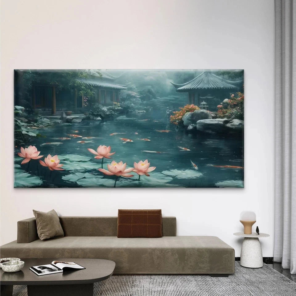 Garden Pond with Lotus Flowers Wall Art Canvas Office Home Room Framed 120x60cm