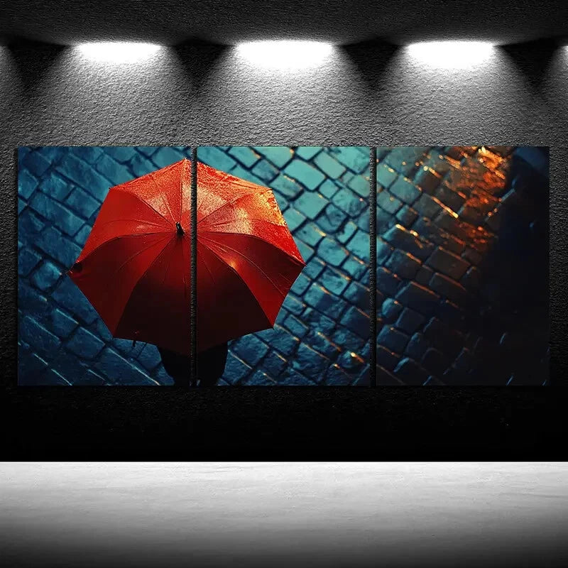 3pcs People with Red Umbrellas on Rainy Streets Metal Print Ready to Hang Art - Bella Home Decor