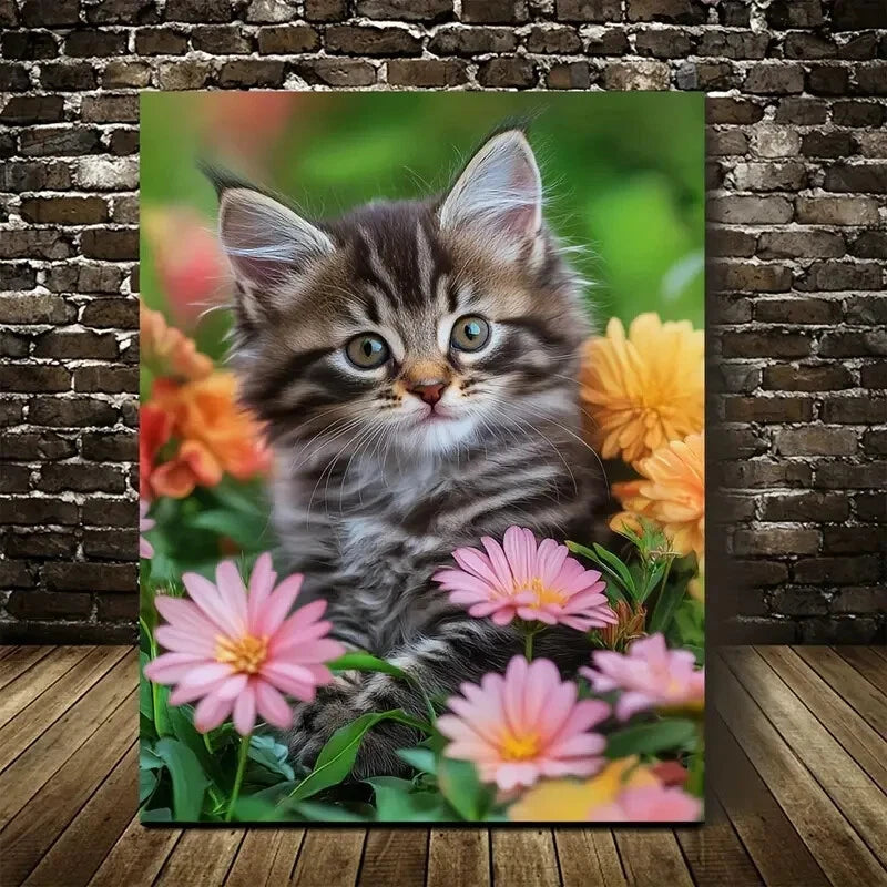 Cute Maine Coon Kitten with Flowers Painting 40x60cm Metal Print Ready to Hang - Bella Home Decor