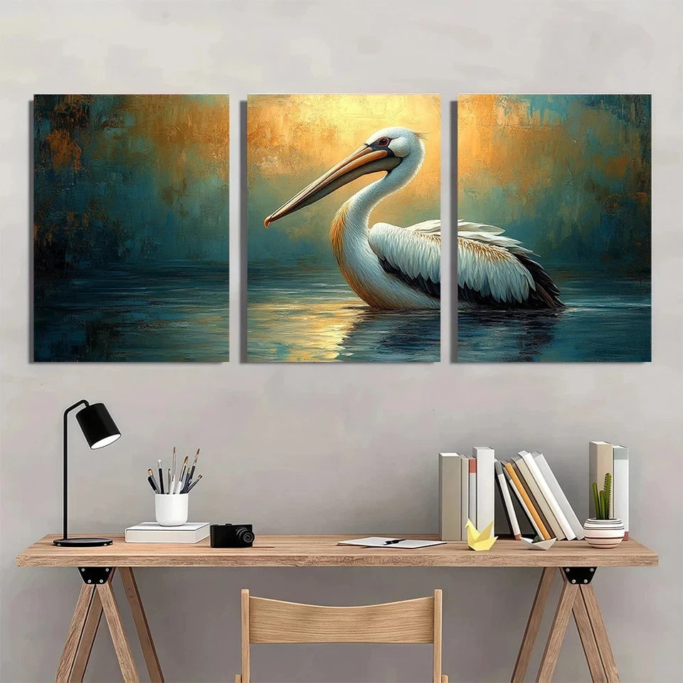 3pcs Pelican Oil Painting Vintage Bird Themed Wall Art Set Canvas Framed 40x60cm - High Quality Print 100% Australian Made Wall Canvas Ready to Hang - Bella Home Decor