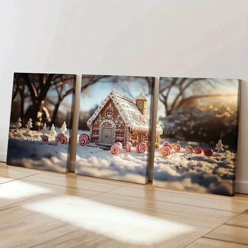 3pcs Christmas Winter Candy House Wall Art Set Canvas Unframed - High Quality Print 100% Australian Made Wall Canvas - Bella Home Decor