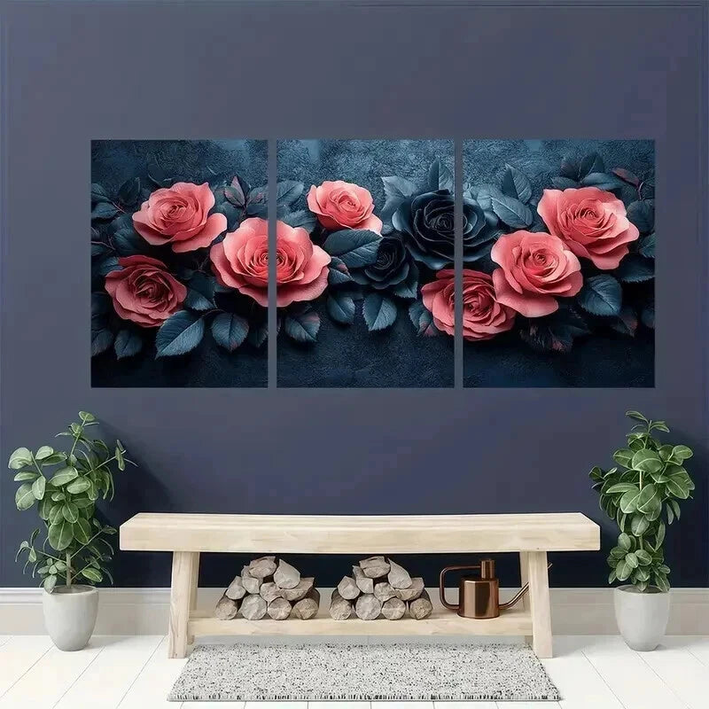 3pcs Unique Black Roses & Pink Roses Wall Art Set Canvas Framed 50x70cm - High Quality Print 100% Australian Made Wall Canvas Ready to Hang