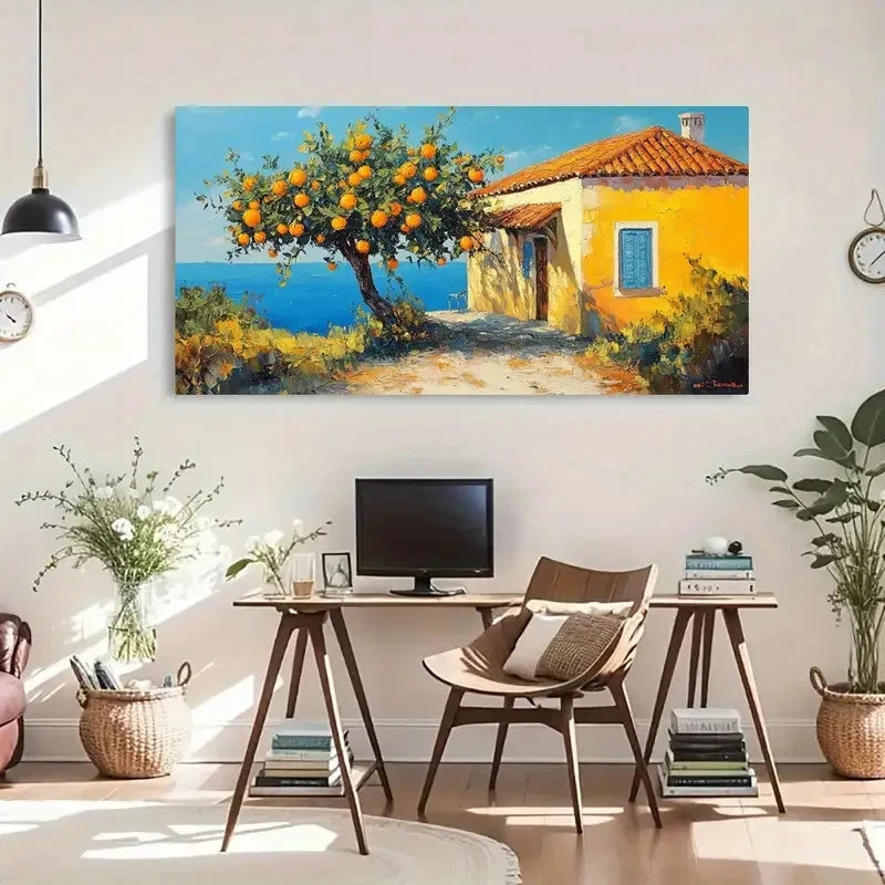Orange Tree Yellow House Wall Art Canvas Office Home Room Framed 120x60cm