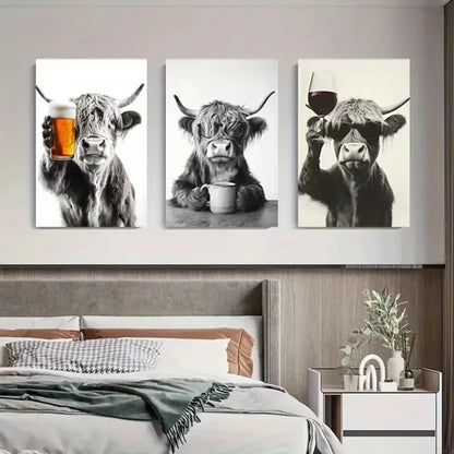 3pcs Highland Cow Whimsical Illustration Perfect Wall Art Canvas Unframed - High Quality Print 100% Australian Made Wall Canvas