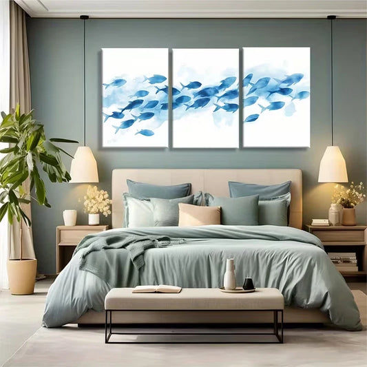 3pcs Abstract Blue Sea Fish Metal Print Ready to Hang Art